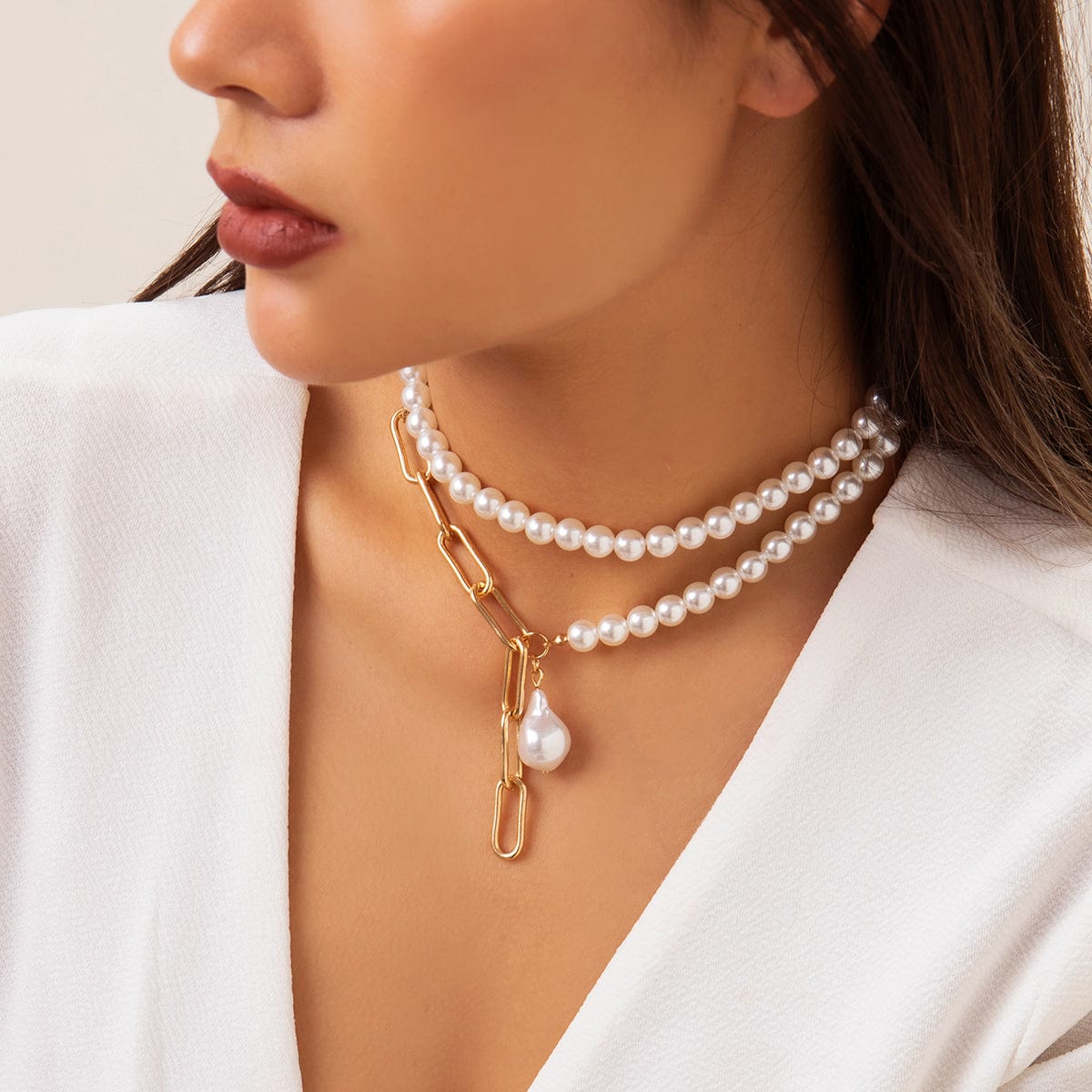 Bohemia Layered Paperclip Pearl Chain Choker Necklace Set