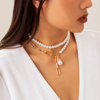 Thumbnail for Bohemia Layered Paperclip Pearl Chain Choker Necklace Set - ArtGalleryZen