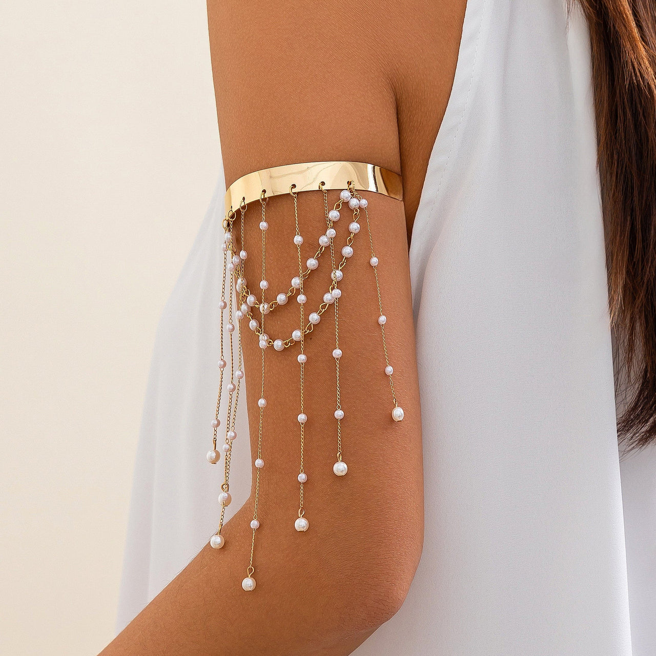 Bohemia Layered Pearl Chain Tassel Arm Cuff