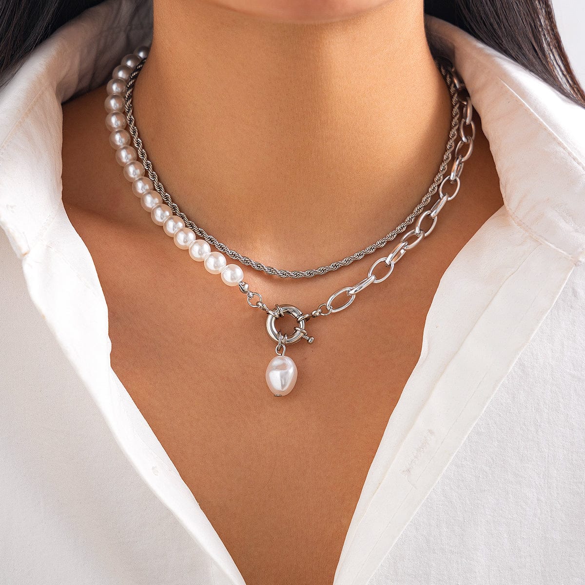 Bohemia Layered Pearl Charm Rope Chain Necklace Set