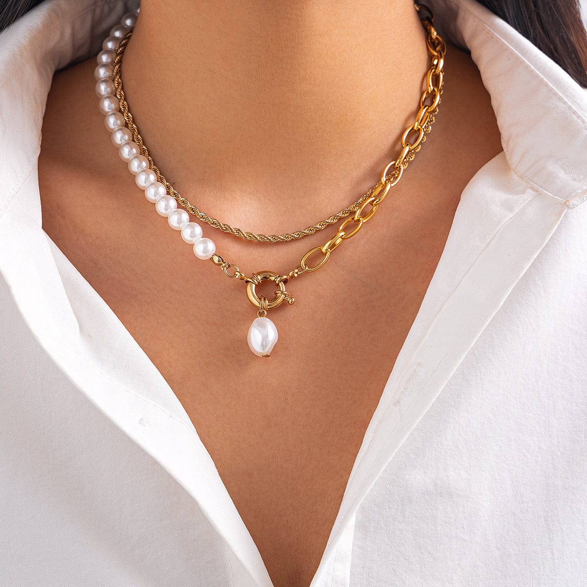 Bohemia Layered Pearl Charm Rope Chain Necklace Set