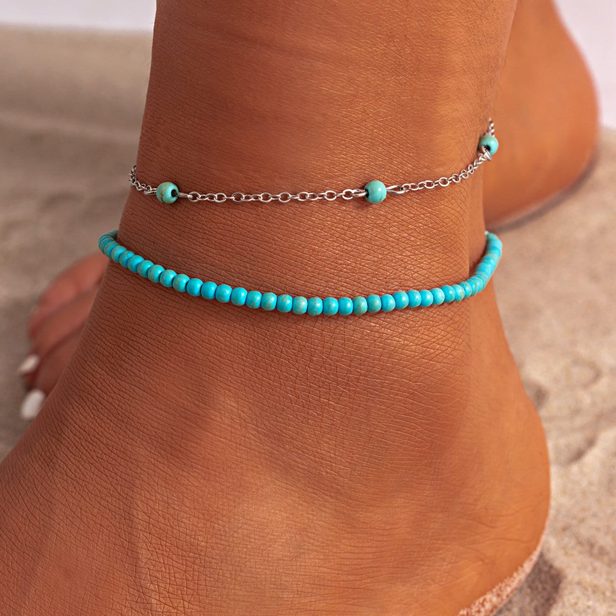 Bohemia Layered Seed Beaded Turquoise Anklet Set - ArtGalleryZen