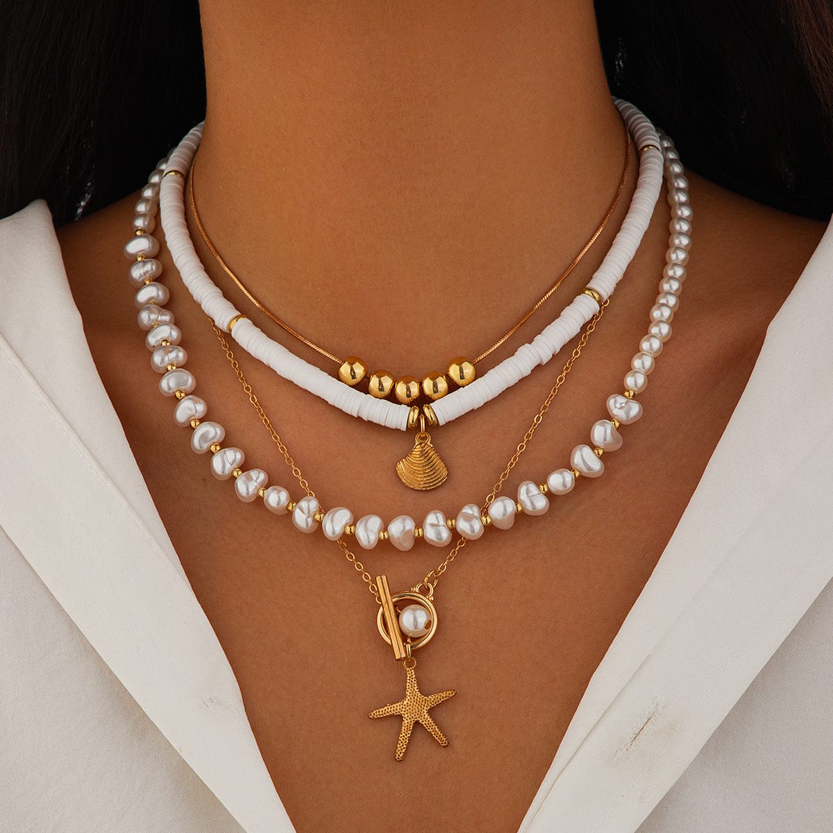 Bohemia Layered Shell Starfish Pendant Pearl Chain Necklace Set - ArtGalleryZen