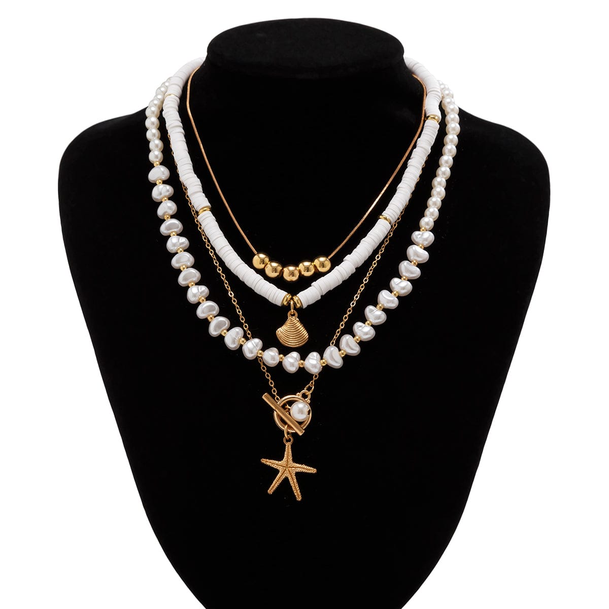 Bohemia Layered Shell Starfish Pendant Pearl Chain Necklace Set - ArtGalleryZen