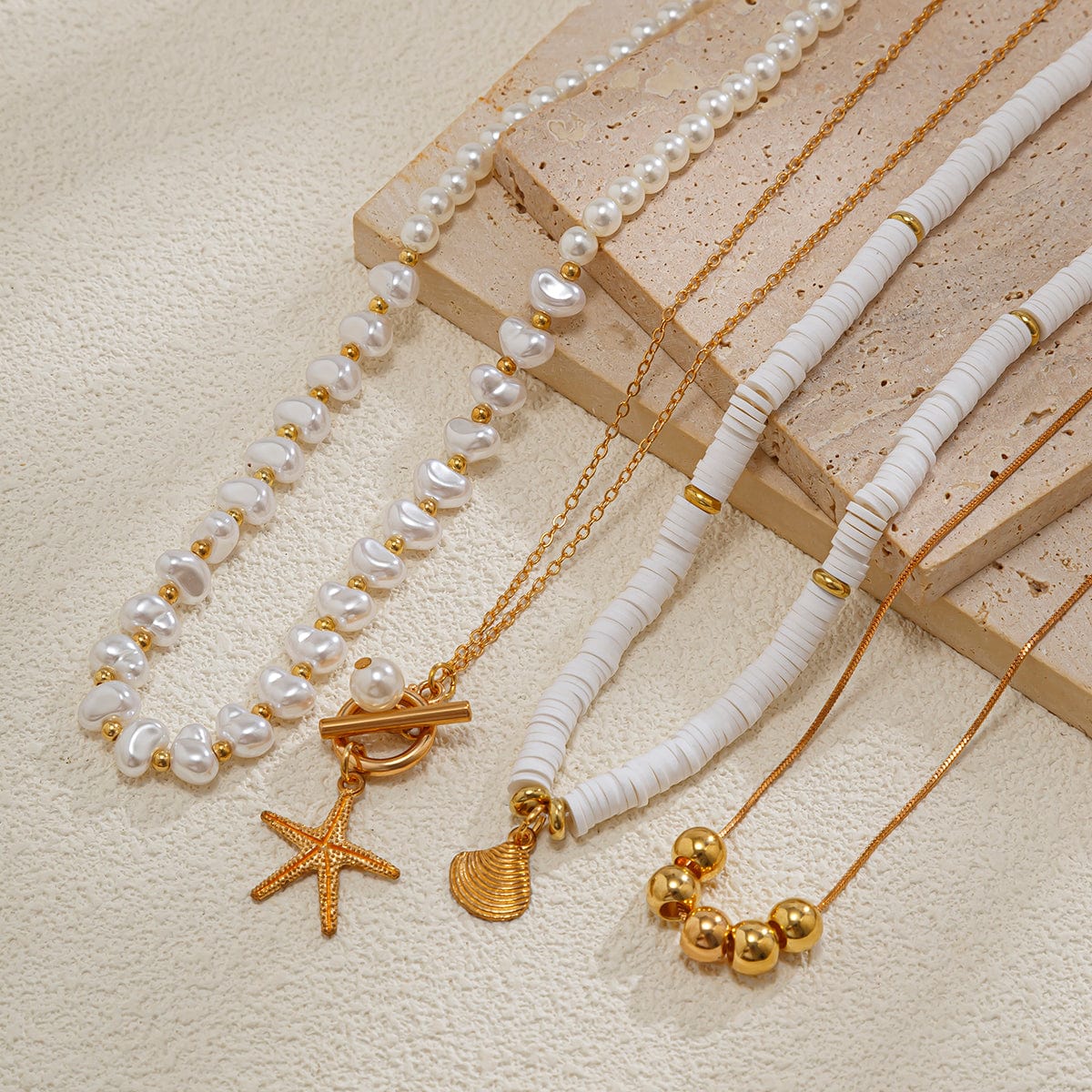 Bohemia Layered Shell Starfish Pendant Pearl Chain Necklace Set - ArtGalleryZen