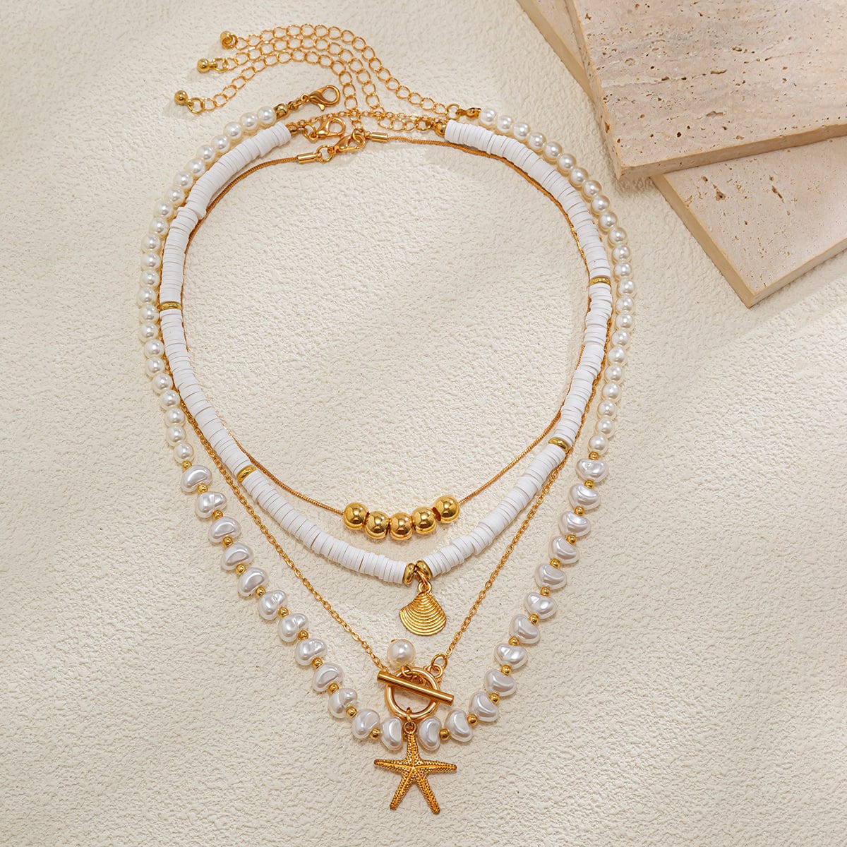 Bohemia Layered Shell Starfish Pendant Pearl Chain Necklace Set - ArtGalleryZen