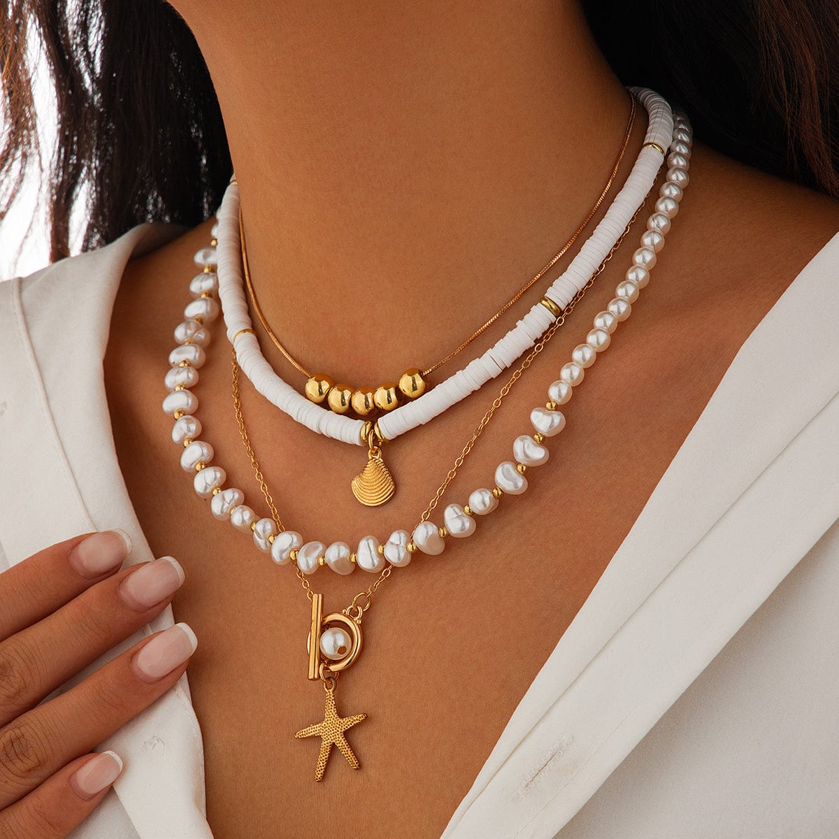 Bohemia Layered Shell Starfish Pendant Pearl Chain Necklace Set