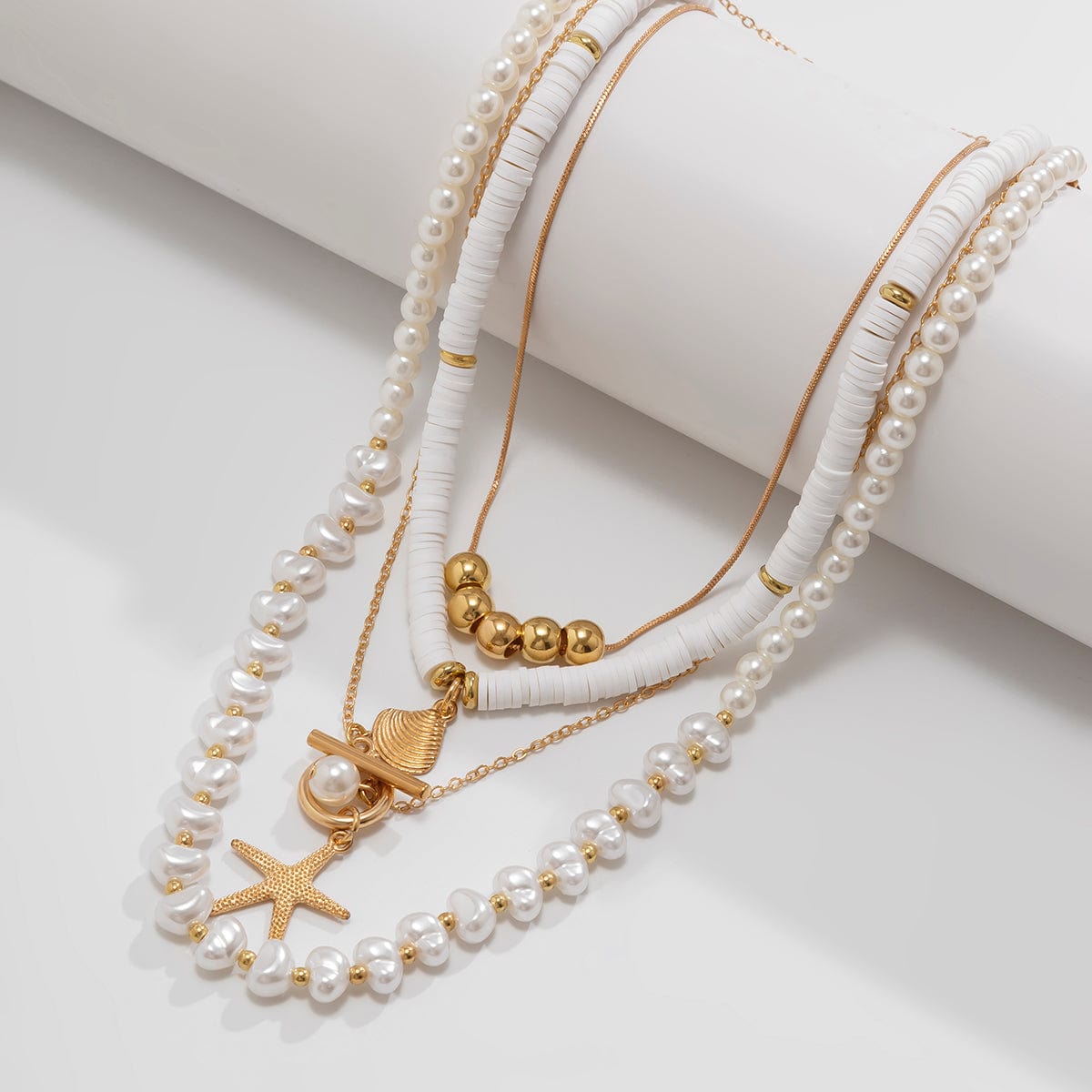 Bohemia Layered Shell Starfish Pendant Pearl Chain Necklace Set