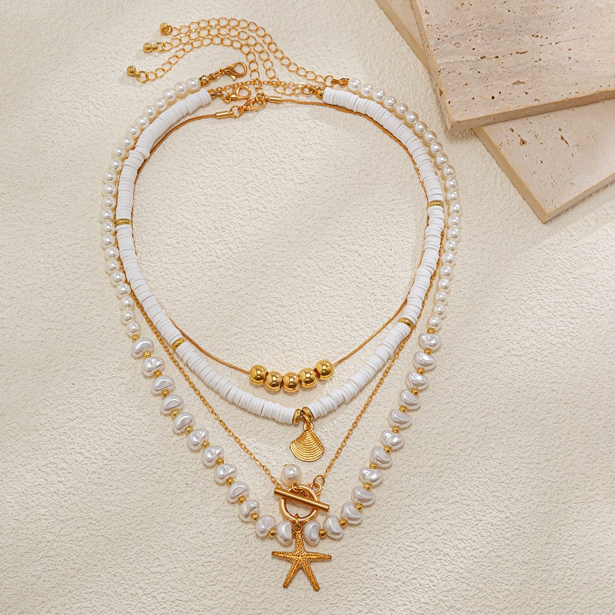 Bohemia Layered Shell Starfish Pendant Pearl Chain Necklace Set