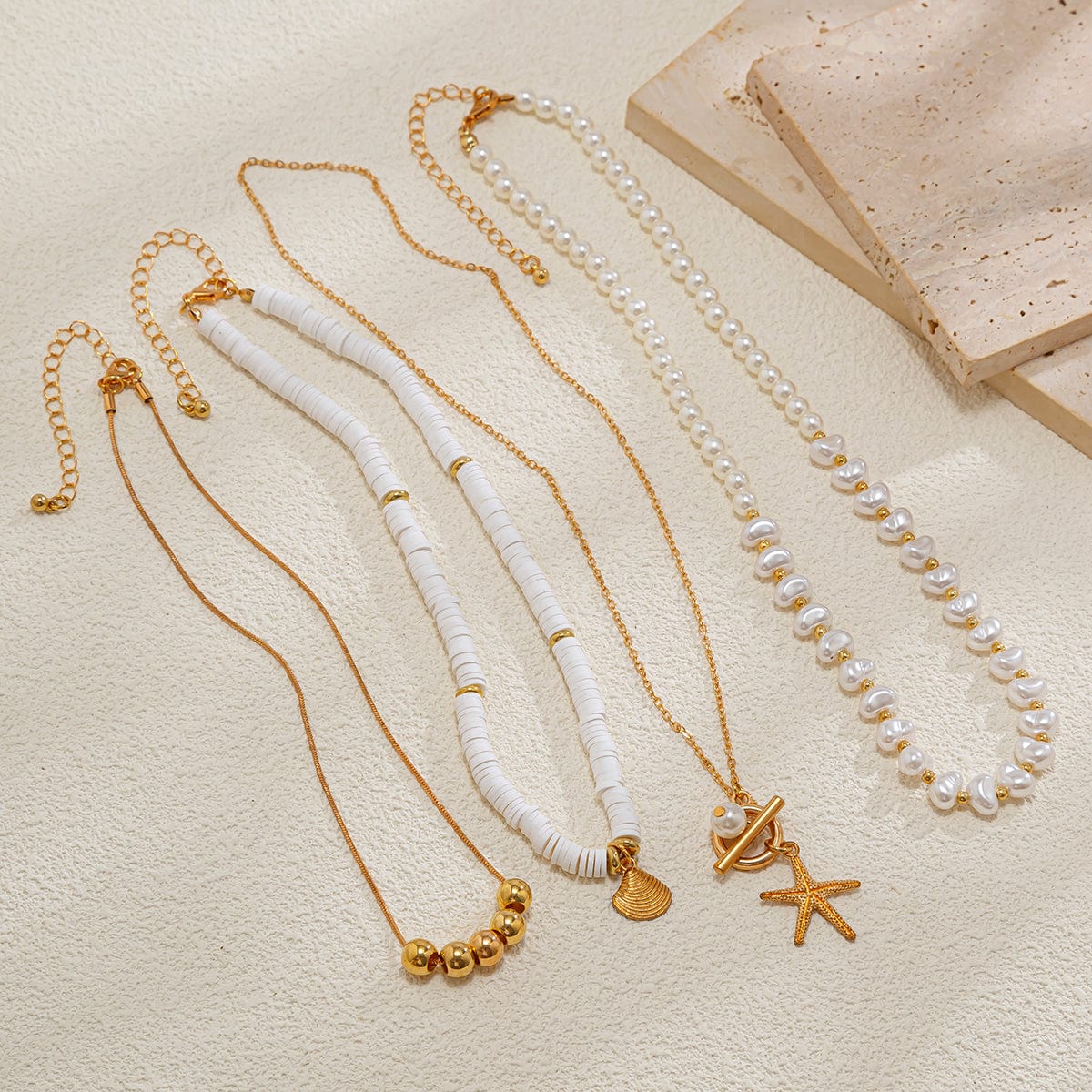 Bohemia Layered Shell Starfish Pendant Pearl Chain Necklace Set