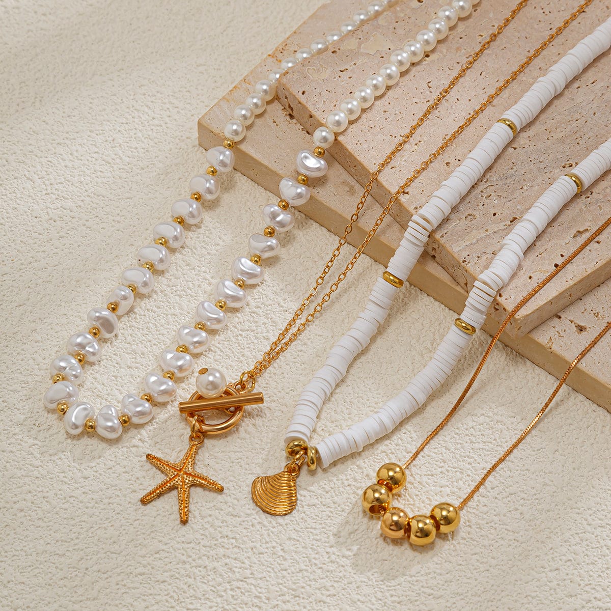 Bohemia Layered Shell Starfish Pendant Pearl Chain Necklace Set