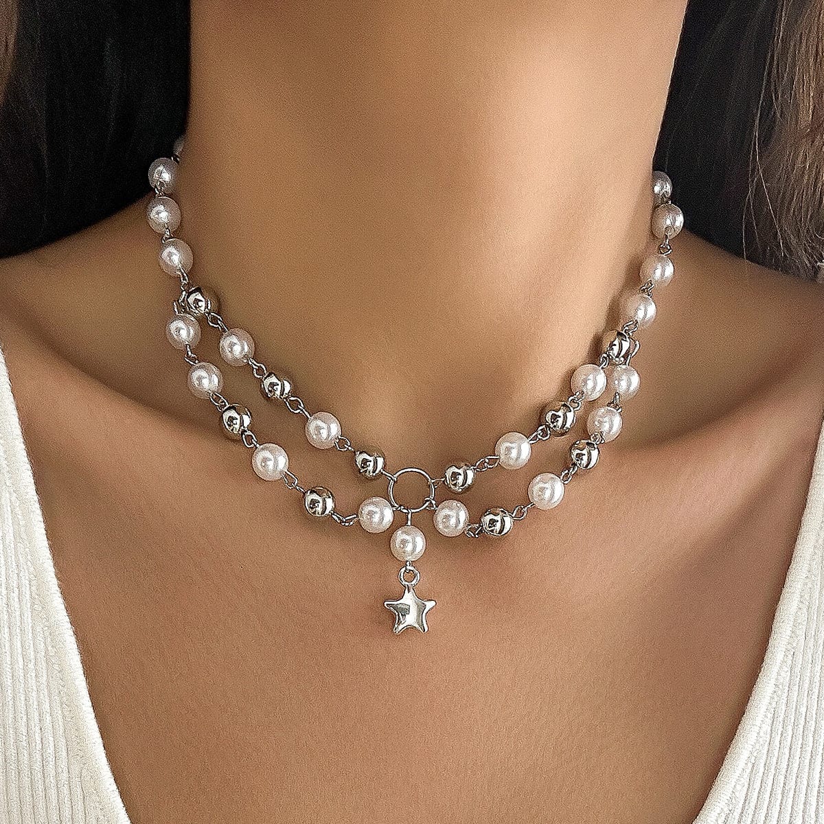 Bohemia Layered Star Pendant Two Tone Pearl Chain Necklace