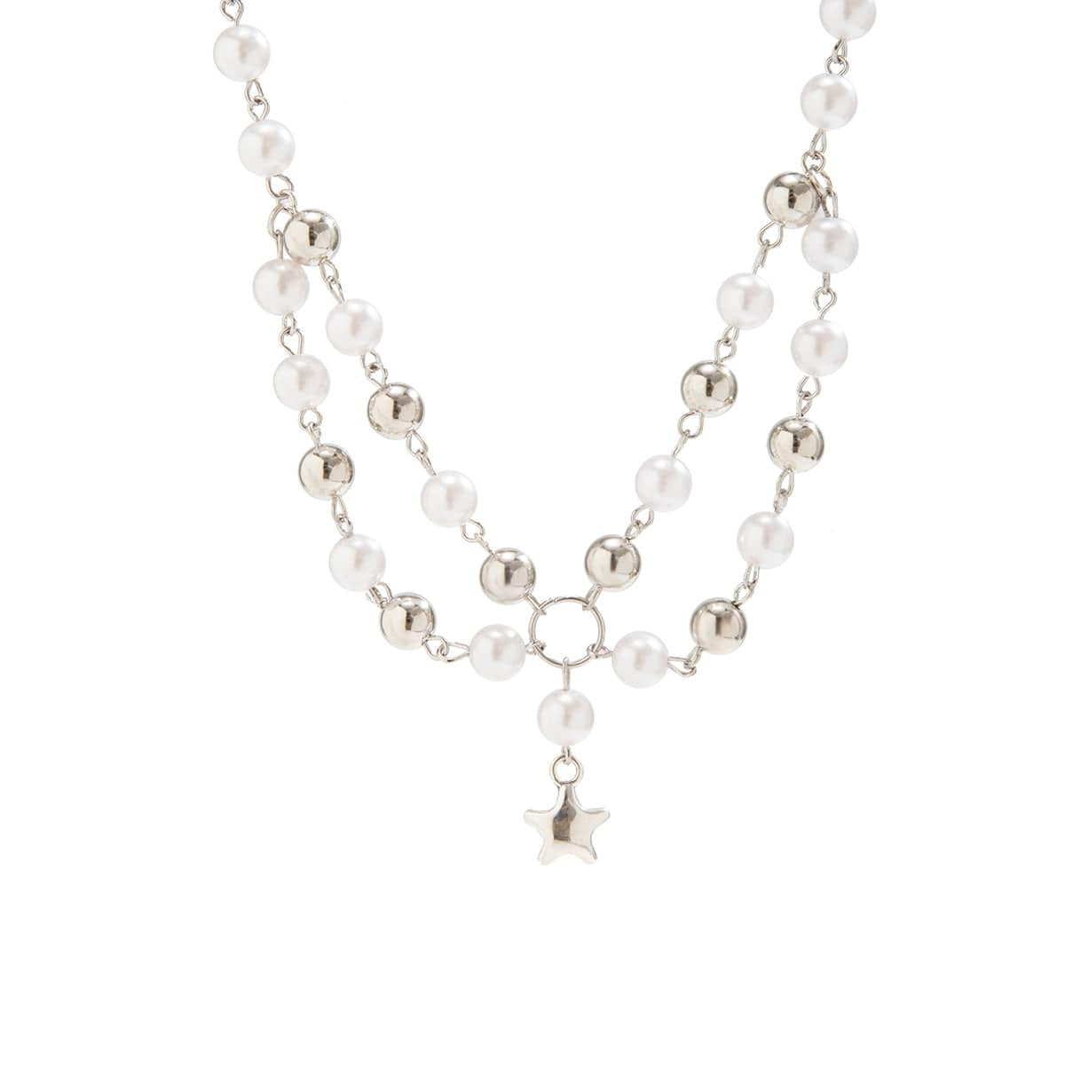 Bohemia Layered Star Pendant Two Tone Pearl Chain Necklace