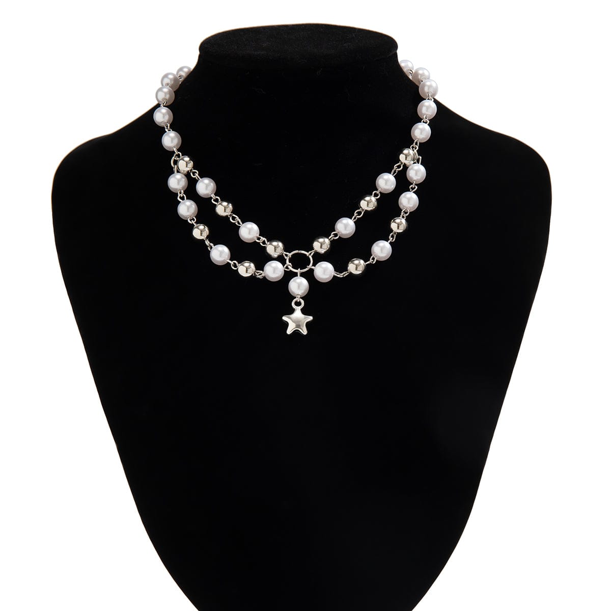 Bohemia Layered Star Pendant Two Tone Pearl Chain Necklace