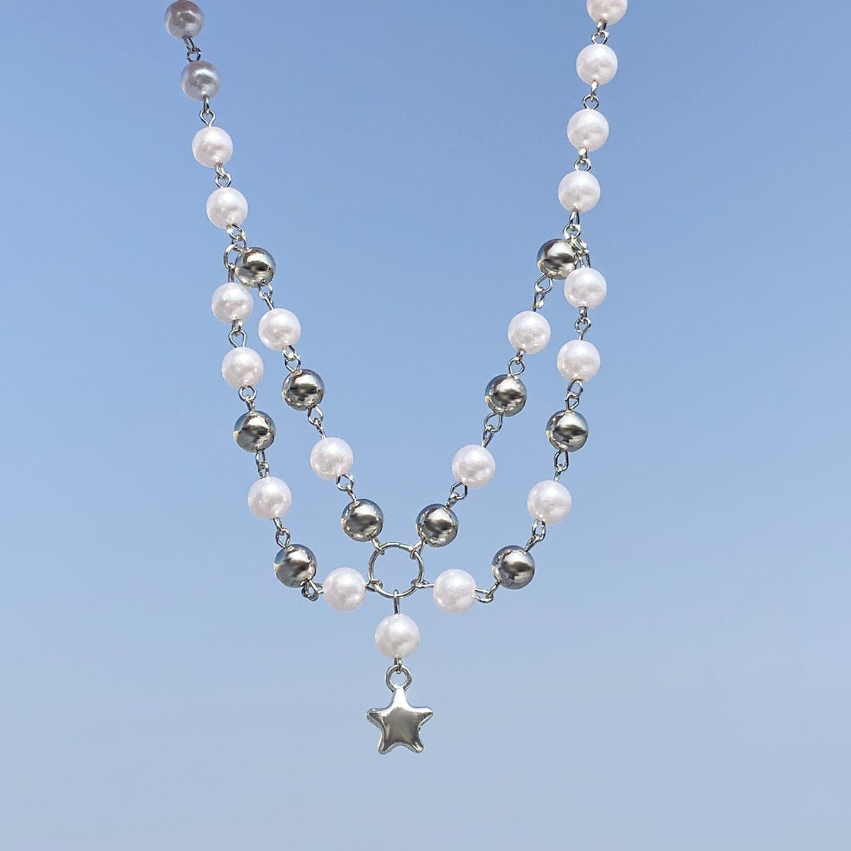 Bohemia Layered Star Pendant Two Tone Pearl Chain Necklace