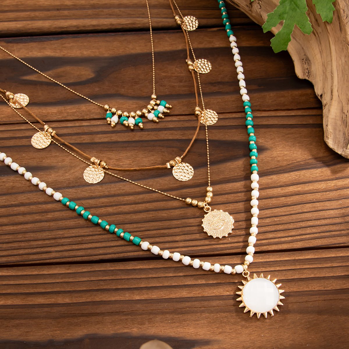 Bohemia Layered Sun Hammered Round Disk Pendant Seed Beaded Necklace Set - ArtGalleryZen