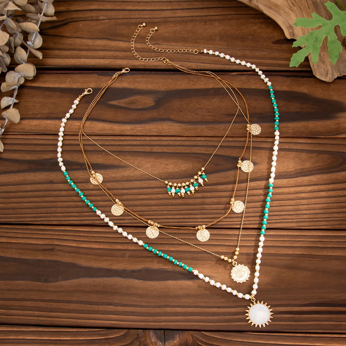 Bohemia Layered Sun Hammered Round Disk Pendant Seed Beaded Necklace Set - ArtGalleryZen
