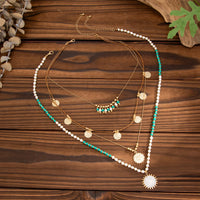 Thumbnail for Bohemia Layered Sun Hammered Round Disk Pendant Seed Beaded Necklace Set - ArtGalleryZen