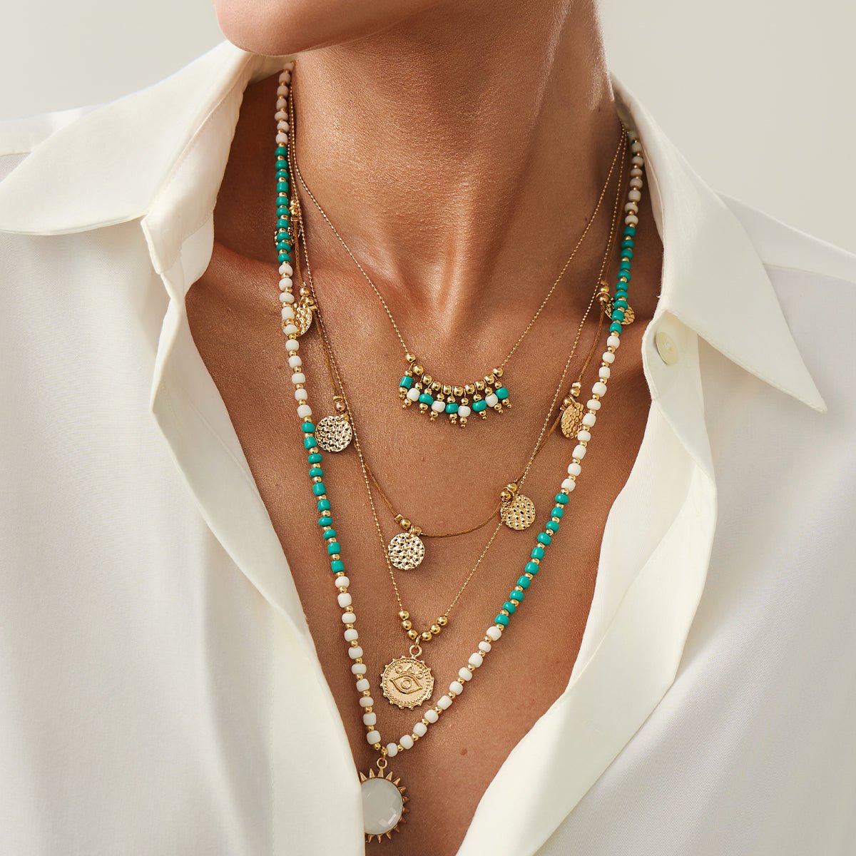 Bohemia Layered Sun Hammered Round Disk Pendant Seed Beaded Necklace Set - ArtGalleryZen