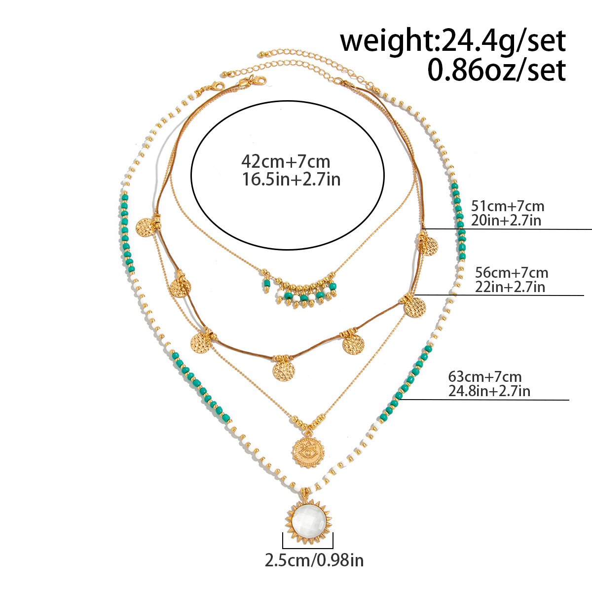 Bohemia Layered Sun Hammered Round Disk Pendant Seed Beaded Necklace Set - ArtGalleryZen