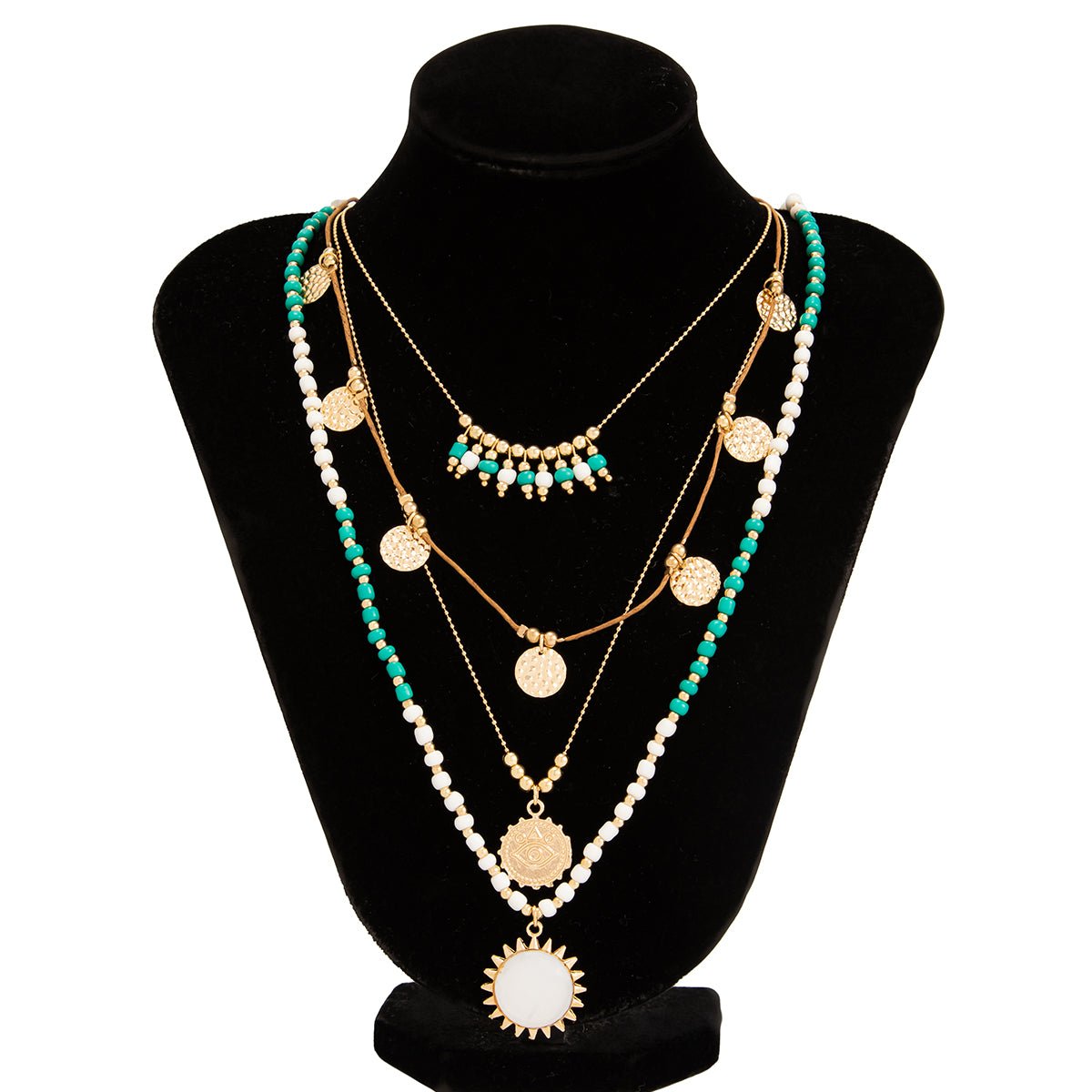 Bohemia Layered Sun Hammered Round Disk Pendant Seed Beaded Necklace Set - ArtGalleryZen