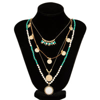 Thumbnail for Bohemia Layered Sun Hammered Round Disk Pendant Seed Beaded Necklace Set - ArtGalleryZen