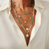 Thumbnail for Bohemia Layered Sun Hammered Round Disk Pendant Seed Beaded Necklace Set - ArtGalleryZen