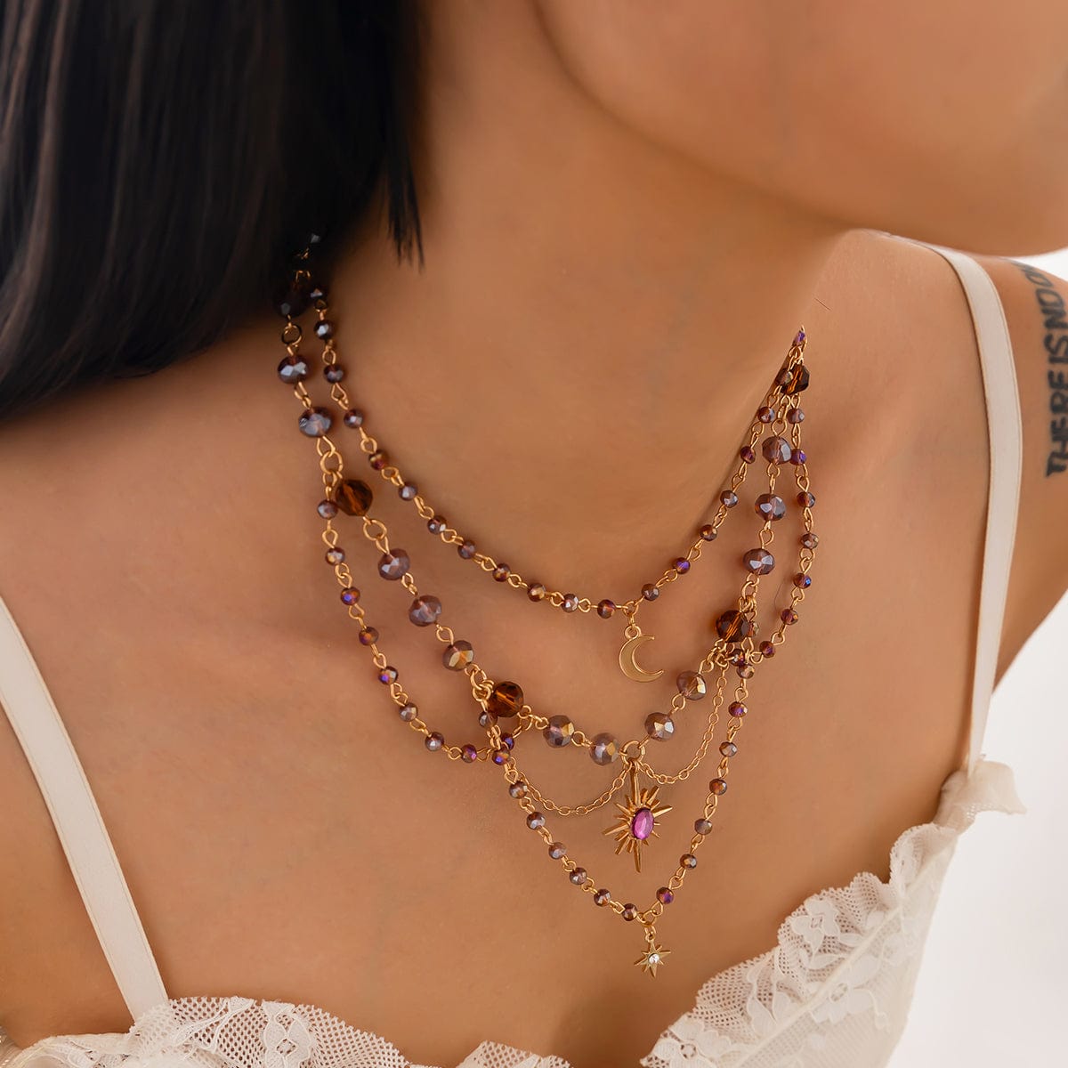 Bohemia Layered Sun Moon Star Pendant Crystal Chain Necklace - ArtGalleryZen