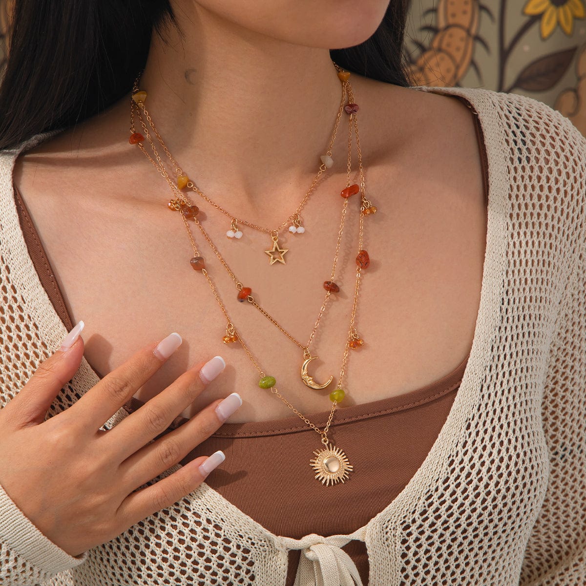 Bohemia Layered Sun Moon Star Pendant Crystal Stone Chain Necklace - ArtGalleryZen