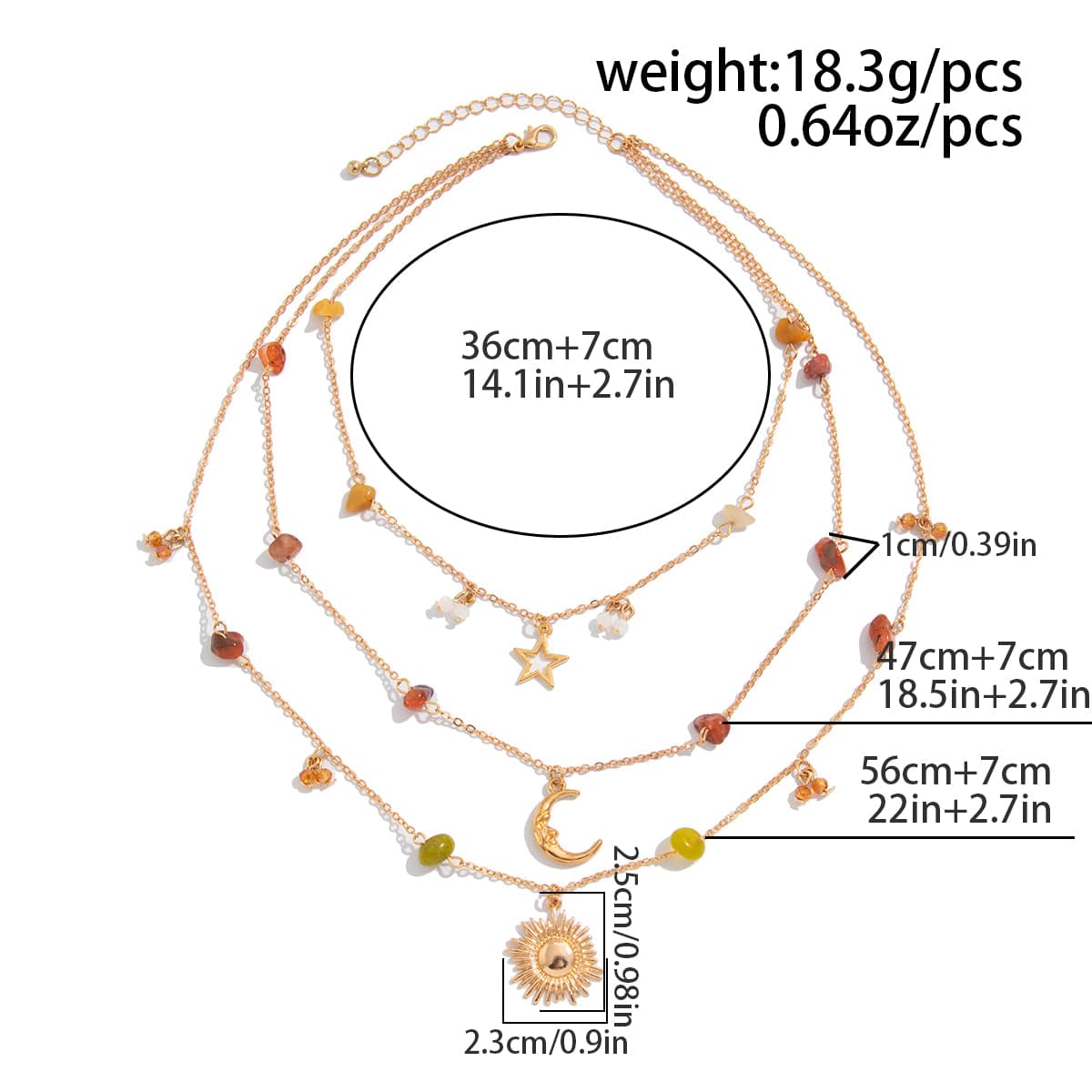 Bohemia Layered Sun Moon Star Pendant Crystal Stone Chain Necklace - ArtGalleryZen