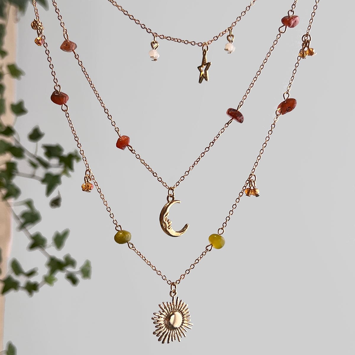 Bohemia Layered Sun Moon Star Pendant Crystal Stone Chain Necklace - ArtGalleryZen