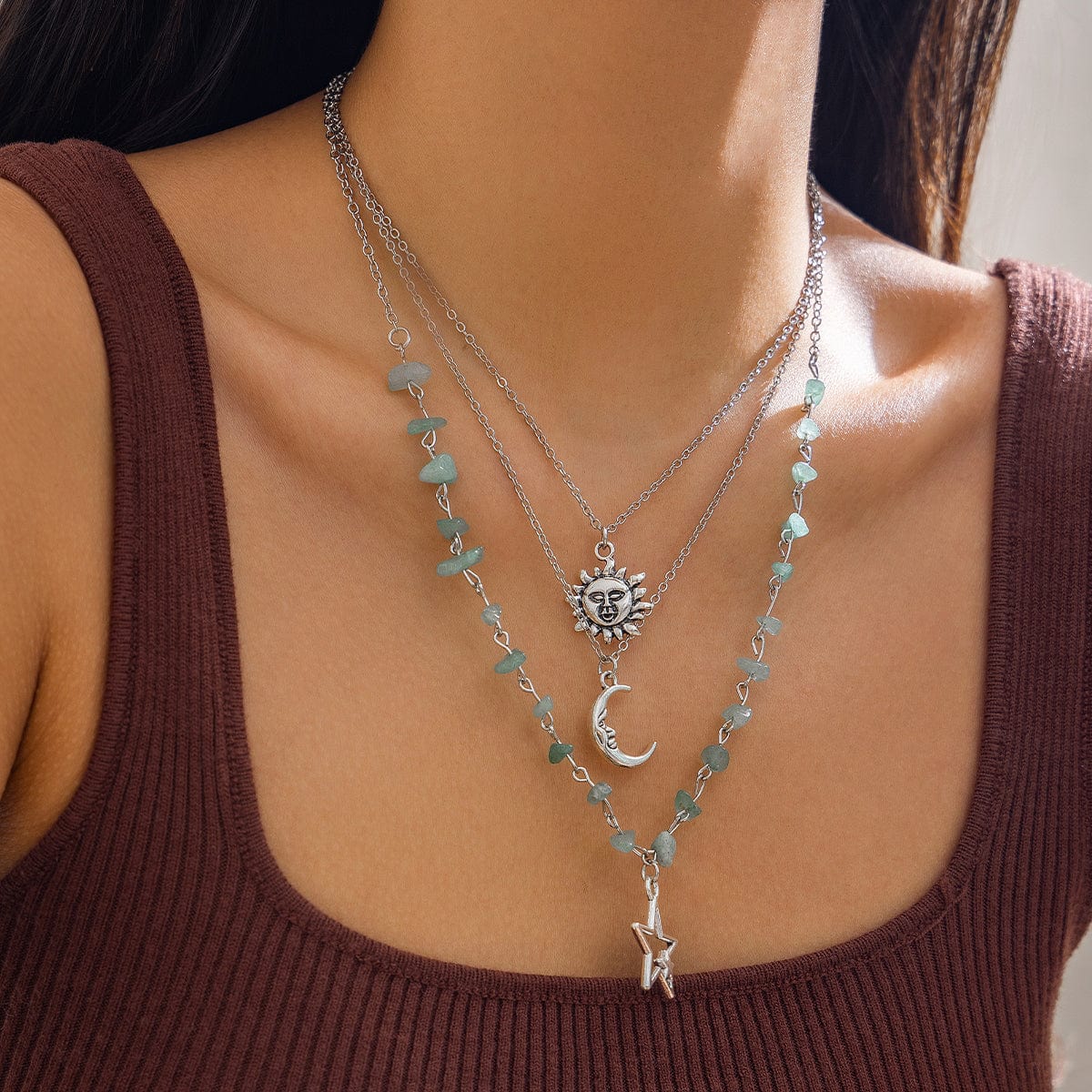 Bohemia Layered Sun Moon Star Pendant Turquoise Stone Necklace Set - ArtGalleryZen