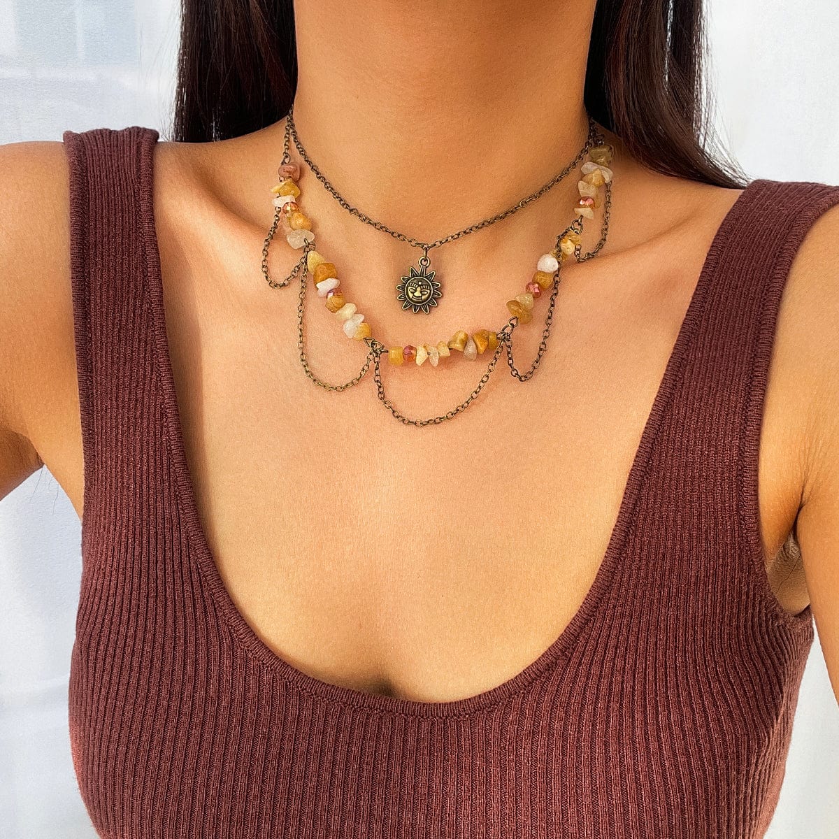 Bohemia Layered Sun Pendant Turquoise Stone Tassel Chain Necklace - ArtGalleryZen