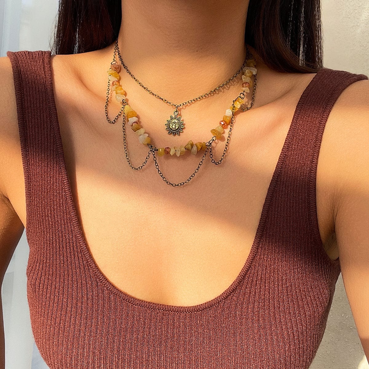 Bohemia Layered Sun Pendant Turquoise Stone Tassel Chain Necklace - ArtGalleryZen