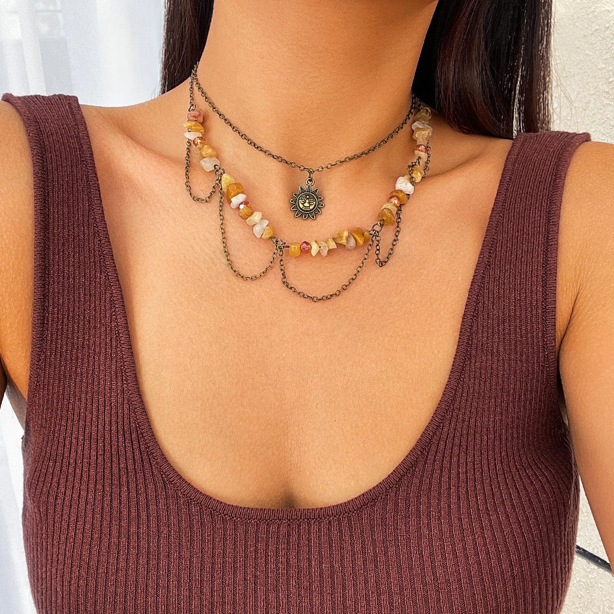 Bohemia Layered Sun Pendant Turquoise Stone Tassel Chain Necklace - ArtGalleryZen