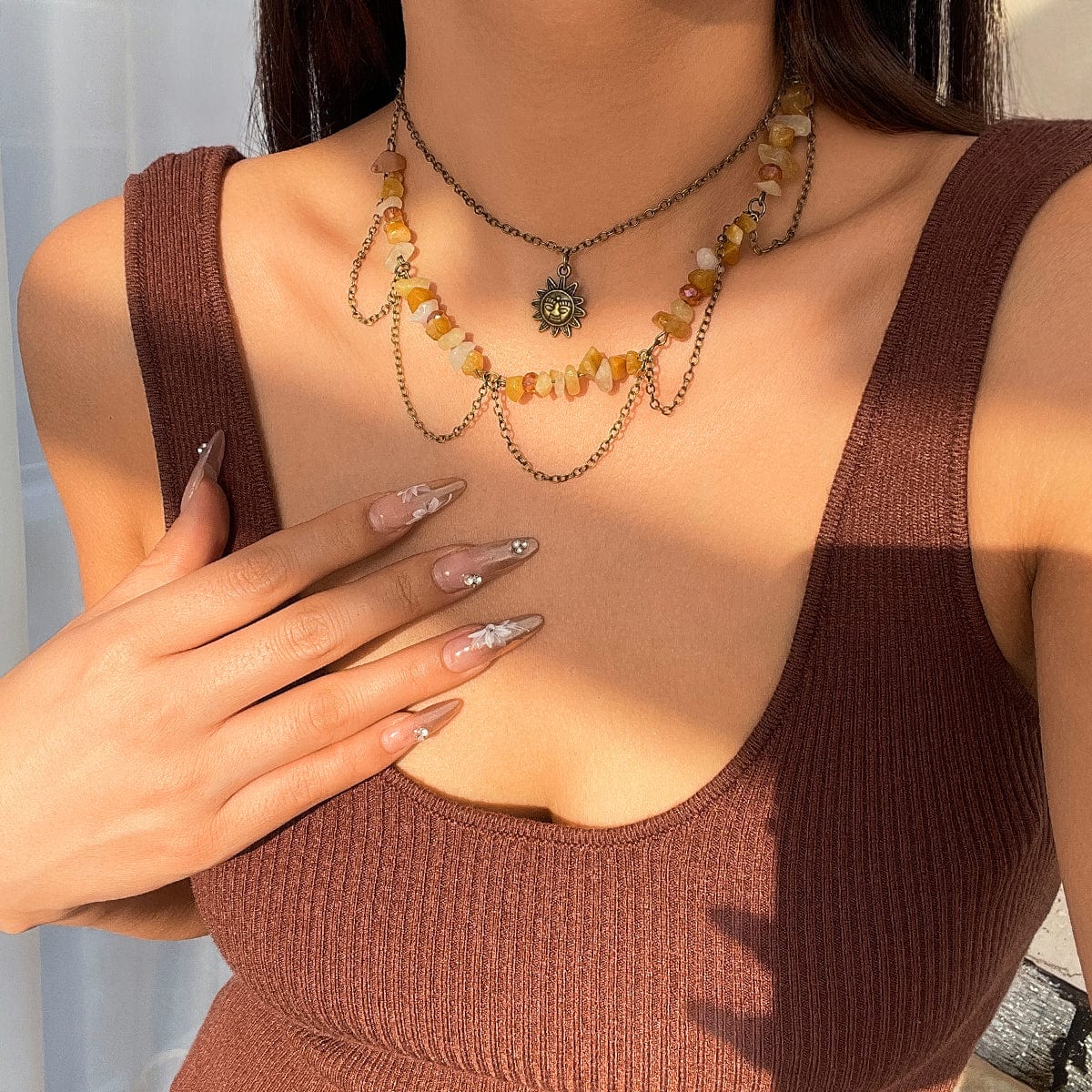 Bohemia Layered Sun Pendant Turquoise Stone Tassel Chain Necklace - ArtGalleryZen