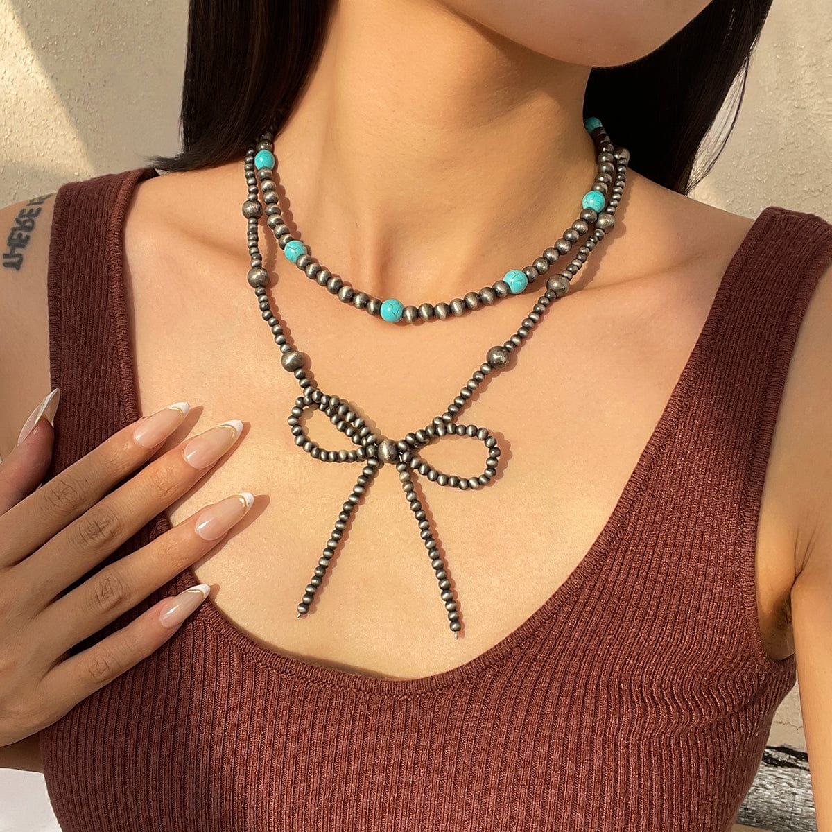 Bohemia Layered Turquoise Beaded Bowknot Necklace Set - ArtGalleryZen