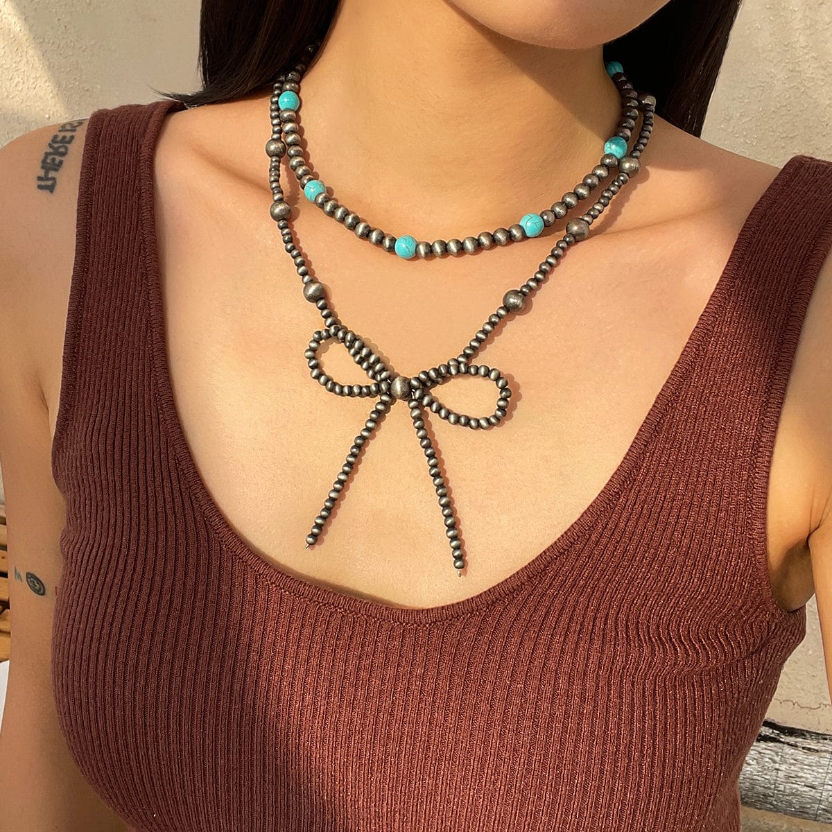 Bohemia Layered Turquoise Beaded Bowknot Necklace Set - ArtGalleryZen