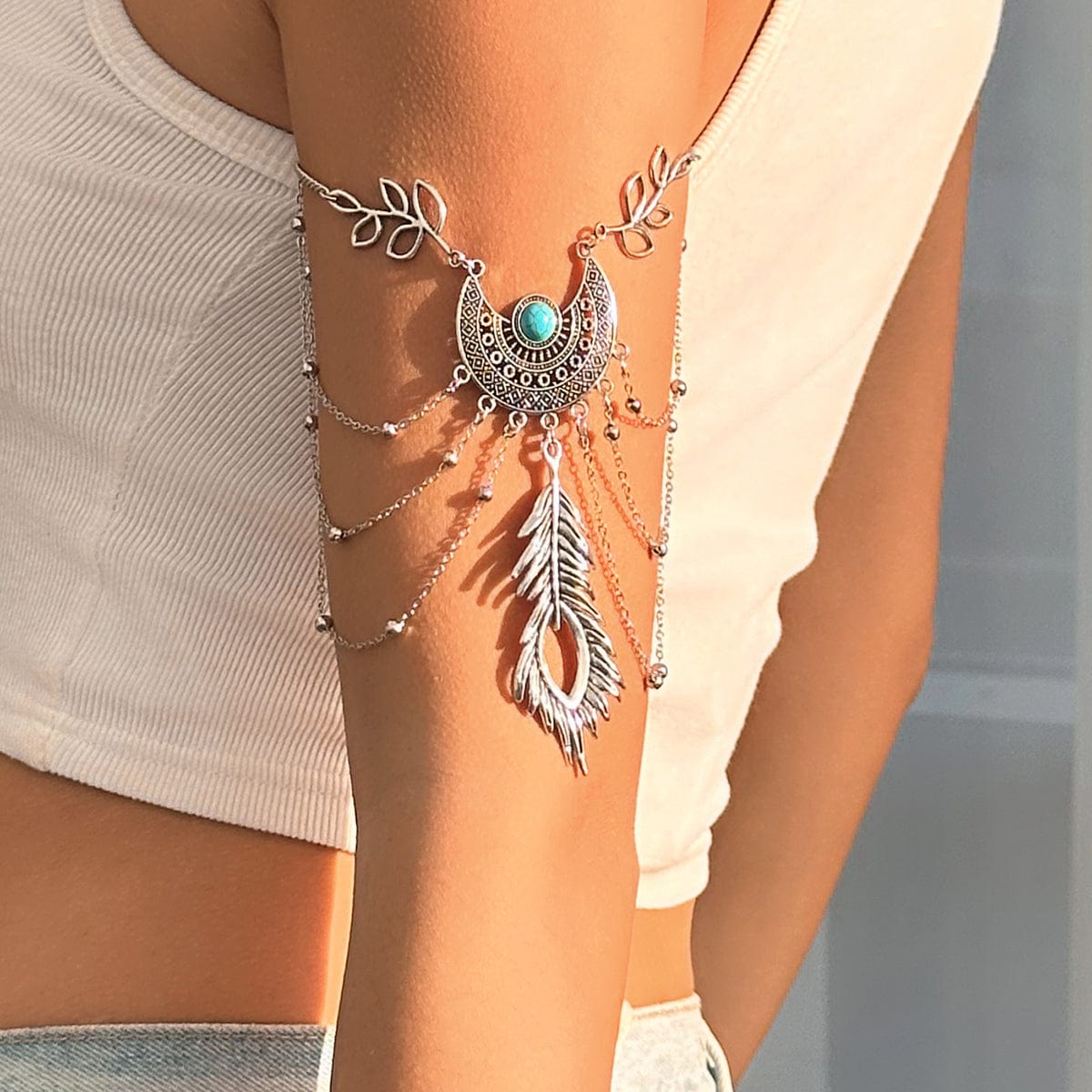 Bohemia Layered Turquoise Inlaid Feather Pendant Arm Chain