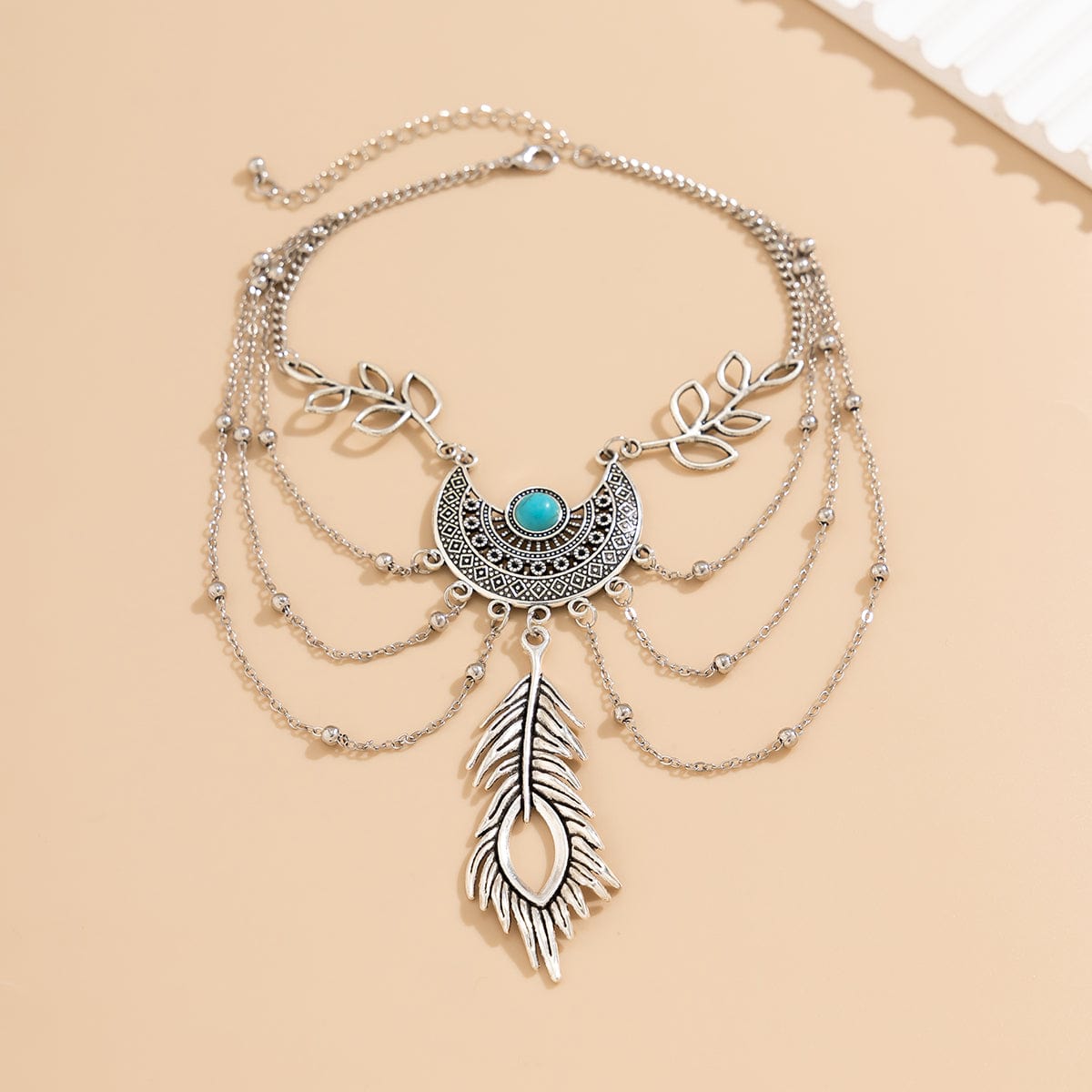 Bohemia Layered Turquoise Inlaid Feather Pendant Arm Chain