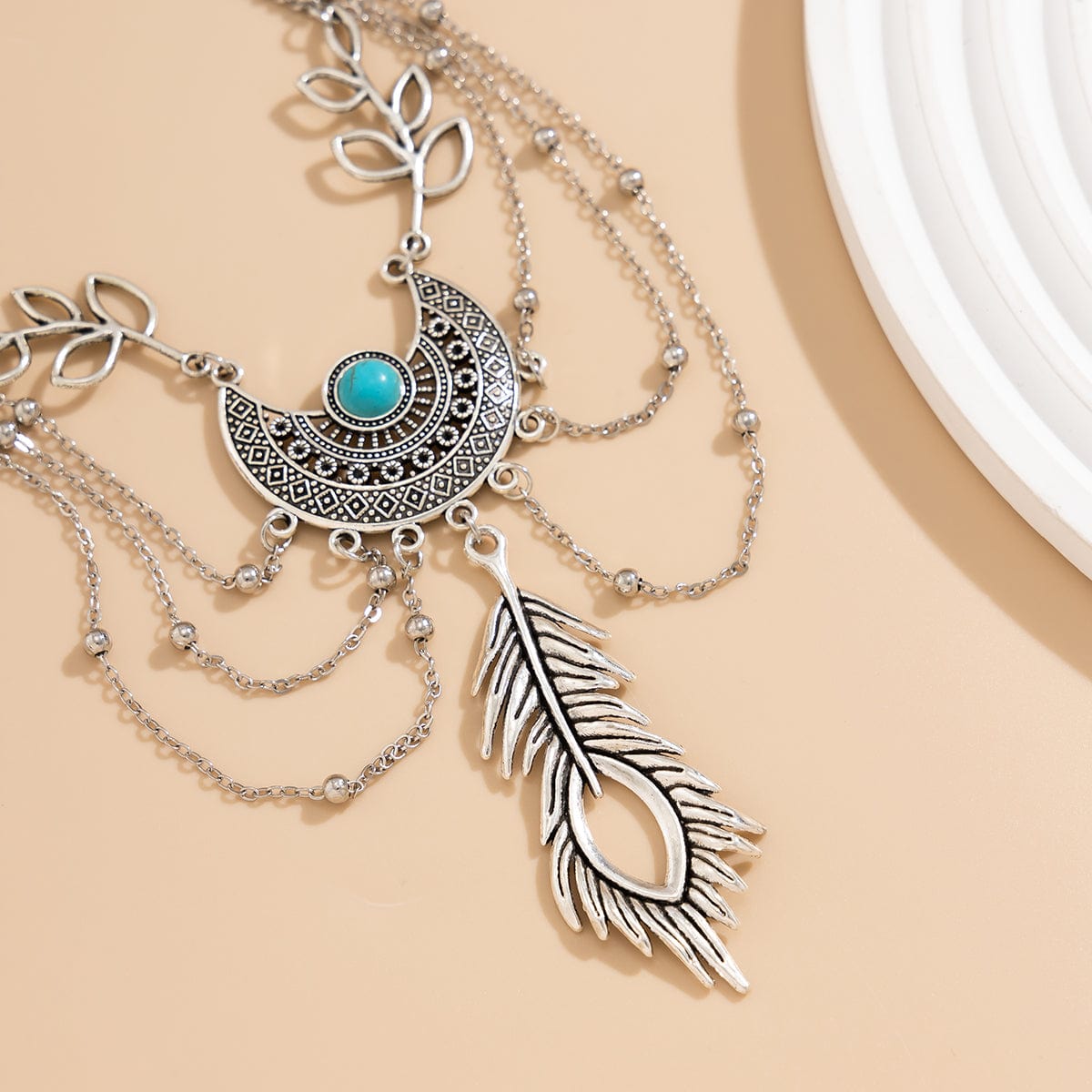 Bohemia Layered Turquoise Inlaid Feather Pendant Arm Chain