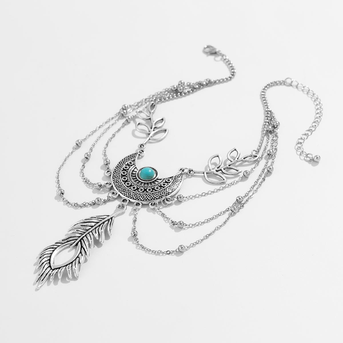 Bohemia Layered Turquoise Inlaid Feather Pendant Arm Chain