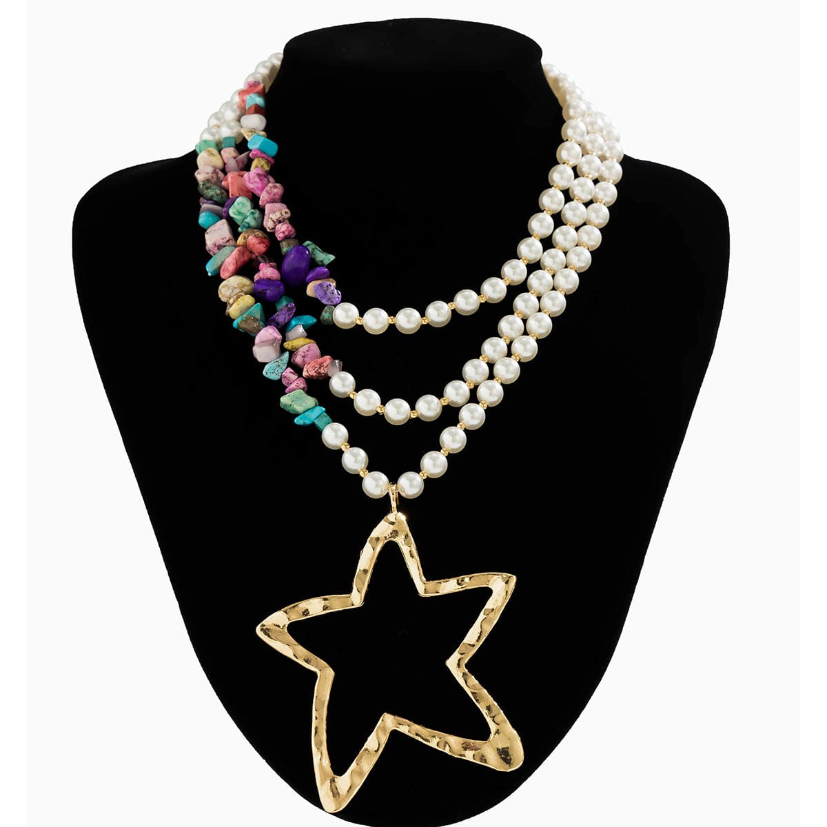 Boho Layered Turquoise Pearl Chain Gold Plated Star Pendant Necklace