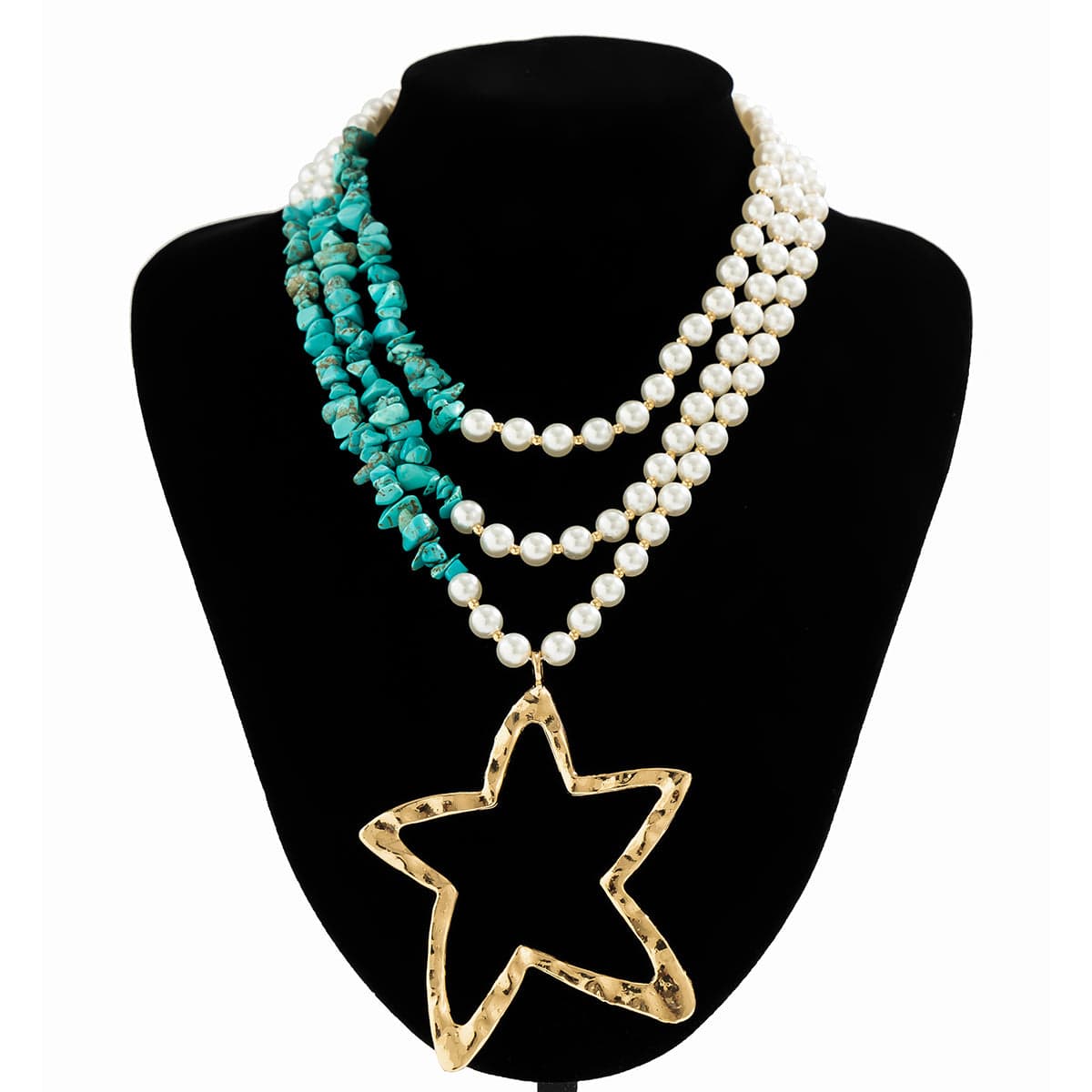 Boho Layered Turquoise Pearl Chain Gold Plated Star Pendant Necklace