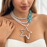 Thumbnail for Boho Layered Star Pendant Turquoise Pearl Chain Necklace