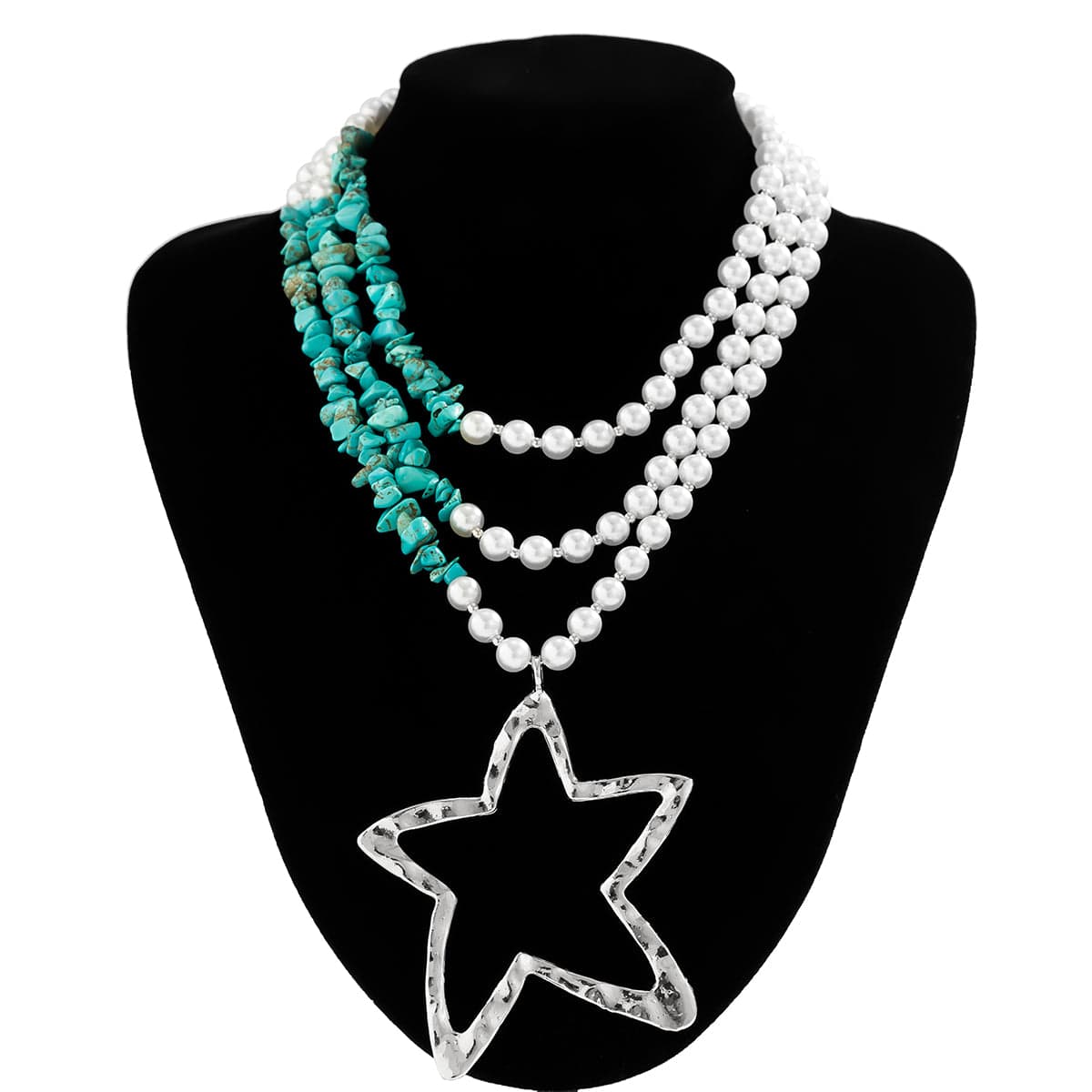 Boho Layered Star Pendant Turquoise Pearl Chain Necklace