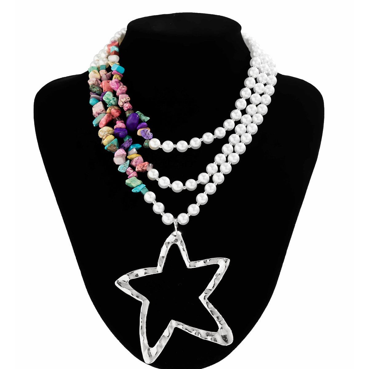 Boho Layered Star Pendant Turquoise Pearl Chain Necklace