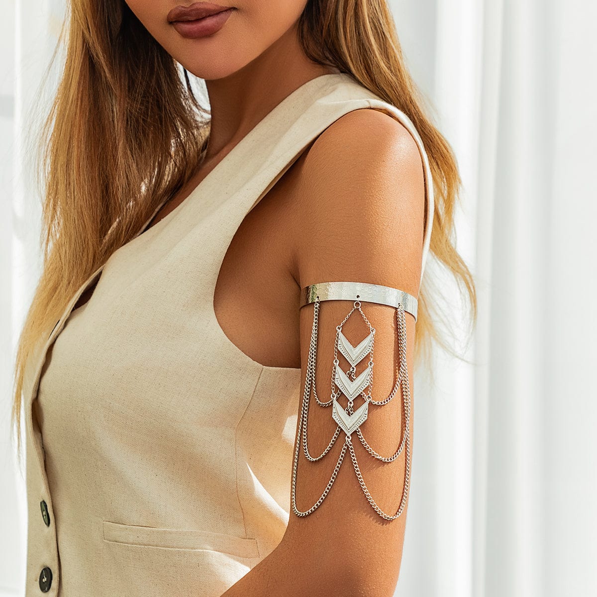 Bohemia Layered V Shaped Pendant Open Arm Cuff