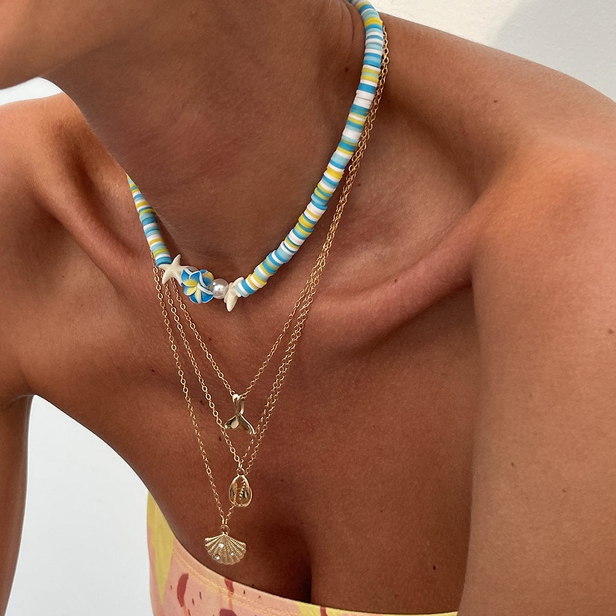 Bohemia Mermaid Shell Starfish Flower Pendant Polymer Clay Necklace Set - ArtGalleryZen