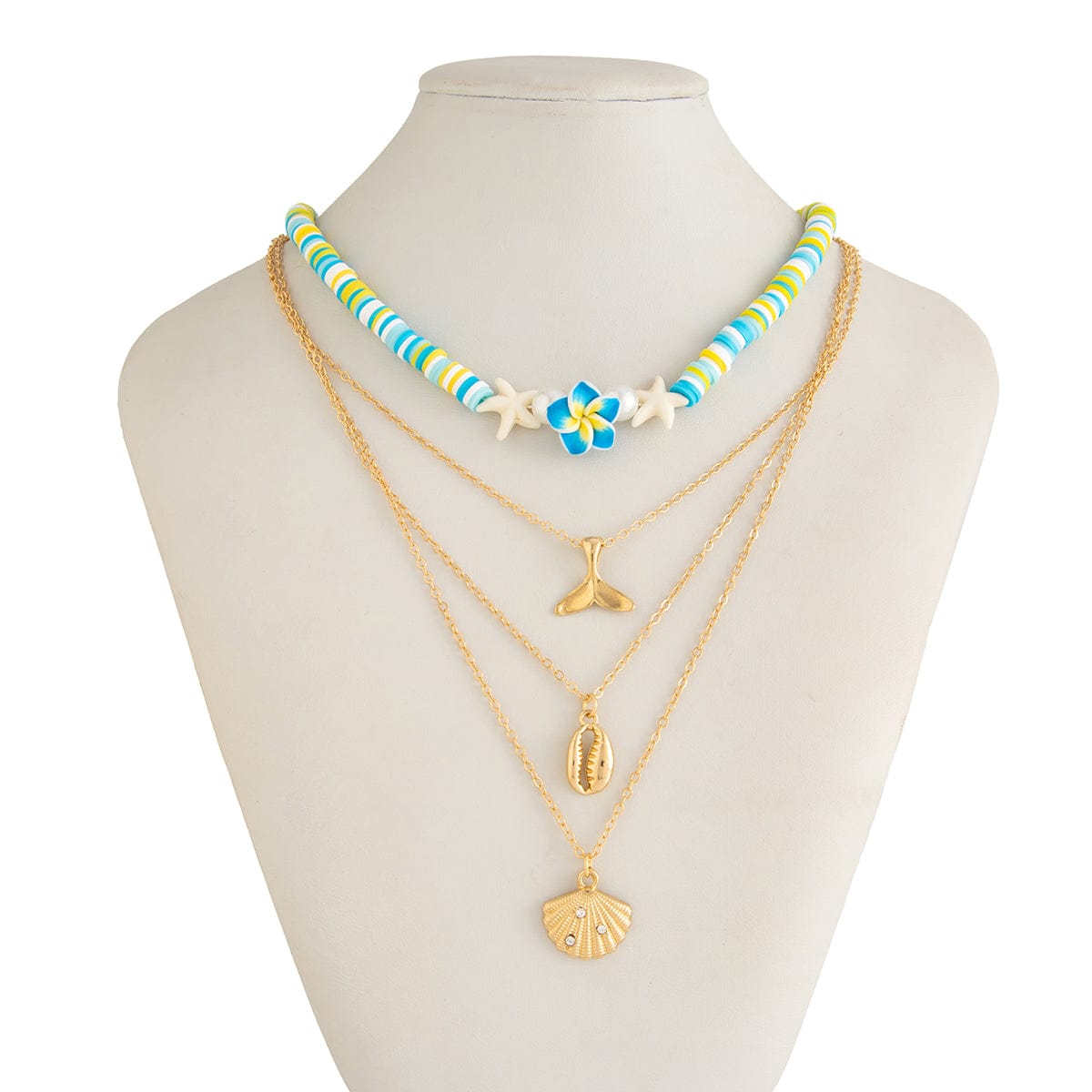 Bohemia Mermaid Shell Starfish Flower Pendant Polymer Clay Necklace Set - ArtGalleryZen